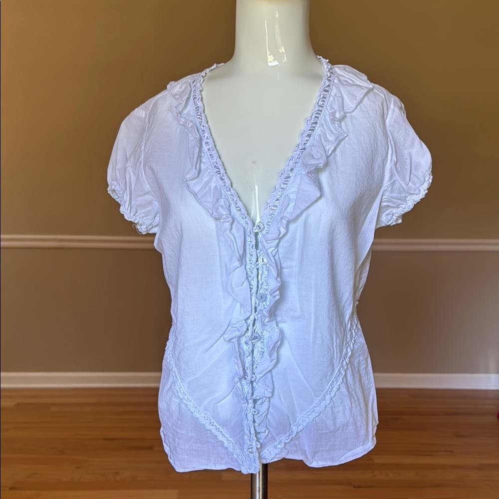 Aziz ice blue ruffle button up with lace trim